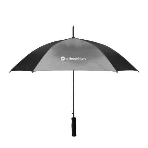Grauer Automatik-Regenschirm mit gebogenem Griff.