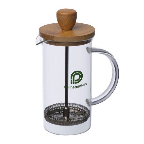 Glas-Kaffeebereiter mit Holzdeckel und Metallsieb.