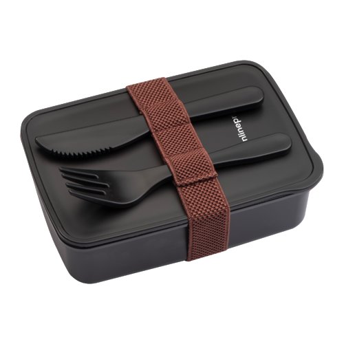 Schwarze Lunchbox aus Kunststoff mit Gummiband und Besteck.