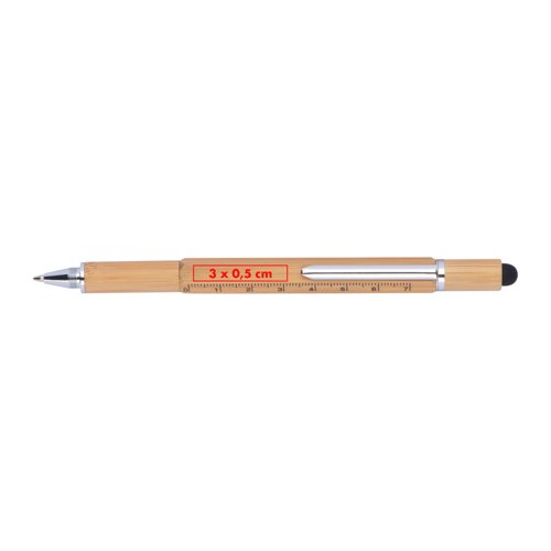 Holzfarbener Multifunktionsstift aus Bambus mit Touchpen-Funktion und Lineal.