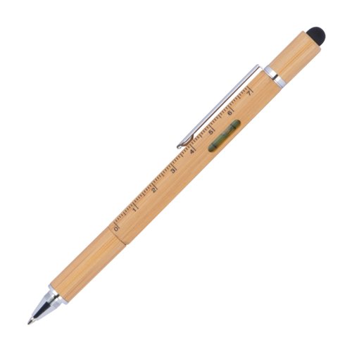 Holzfarbener Multifunktionsstift mit Clip, Touch-Funktion, Lineal und Wasserwaage.