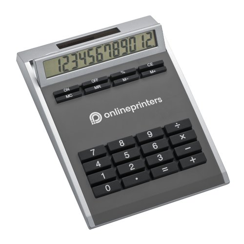 Grauer Taschenrechner mit Solarpanel und Tasten.