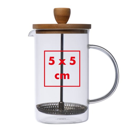 Transparente Glas-Kaffeepresse mit Metallsieb und Holzdeckel.