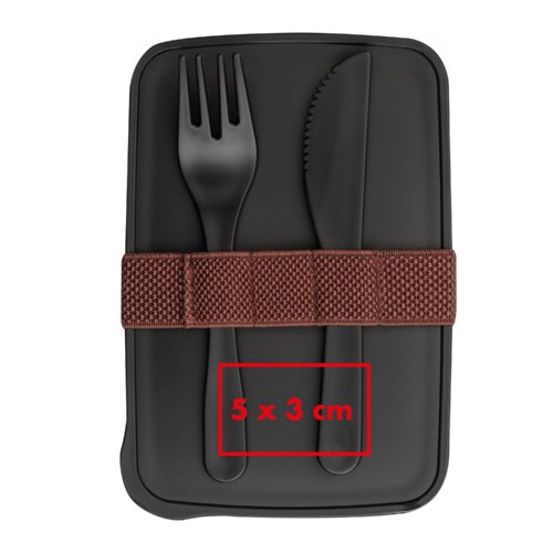 Schwarze Lunchbox aus Kunststoff mit elastischem Band.