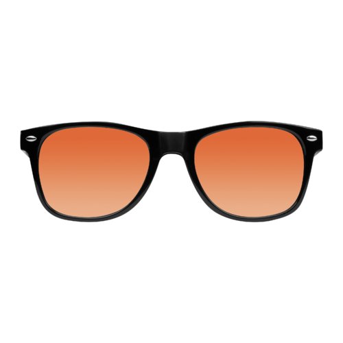 Orangefarbene Sonnenbrille aus Kunststoff mit breitem Rahmen.