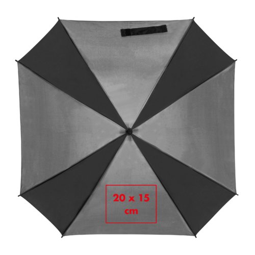 Grauer Automatik-Regenschirm mit Bezug und Griff.