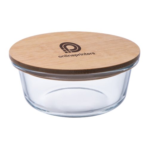 Transparente Glas-Schale mit Holzdeckel.