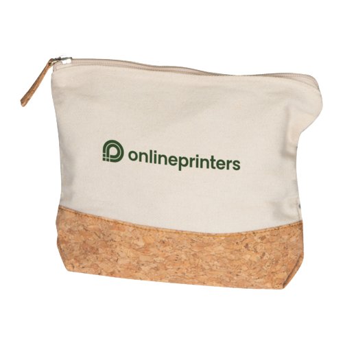 Beige Kosmetiktasche aus Baumwolle mit Korkboden und Reiverschluss.