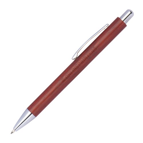 Rosenholz-Kugelschreiber mit Metallelementen und Clip.
