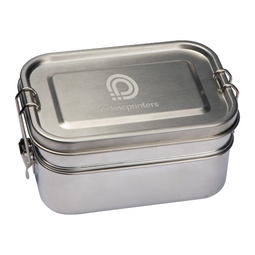 Silberne Edelstahl-Lunchbox mit Verschluss-Clip.