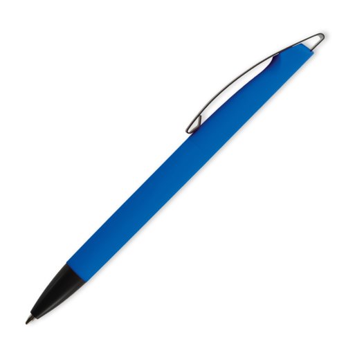 Blauer Kugelschreiber aus Kunststoff mit Clip und Druckknopf.