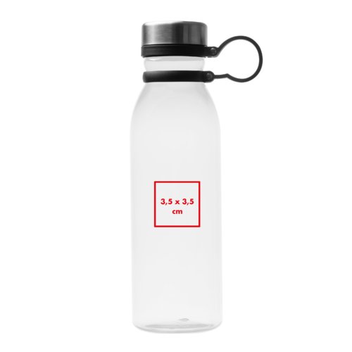 Transparente Trinkflasche mit Schraubverschluss und Trageschlaufe.