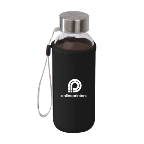 Glas-Trinkflasche mit Schraubverschluss und Stoffhlle.