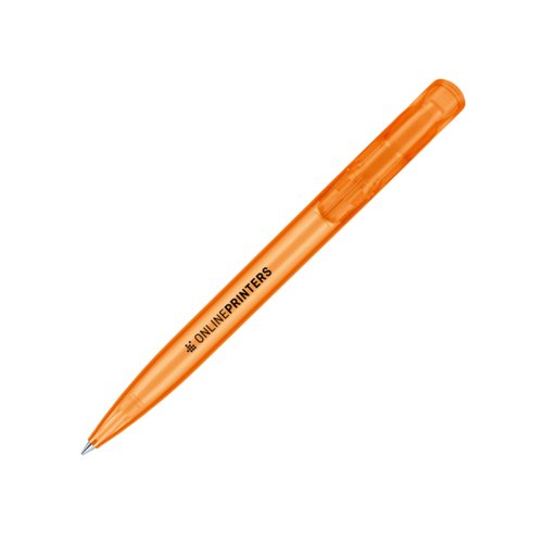 Oranger Kunststoff-Kugelschreiber mit Druckknopf-Mechanik.