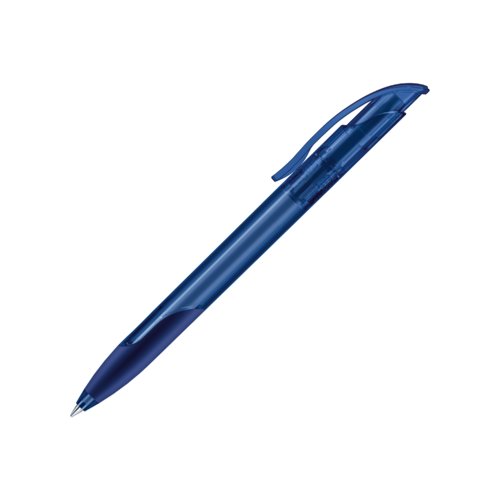 Dunkelblauer Kunststoff-Kugelschreiber mit Druckknopf und Soft-Grip.