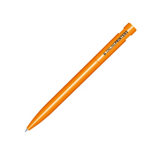 Orangefarbener Kunststoff-Kugelschreiber mit gl�nzender Oberfl�che und Druckmechanismus.