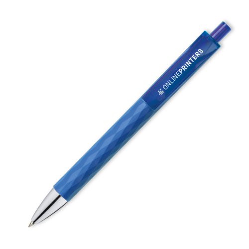 Blauer Kugelschreiber mit Clip und Druckknopfmechanismus.