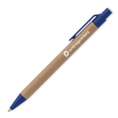 Blauer Papier-Kugelschreiber mit Clip und Druckmechanismus.