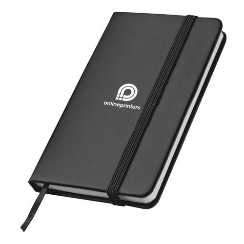 Schwarzes Notizbuch mit Gummiband und Leseband.