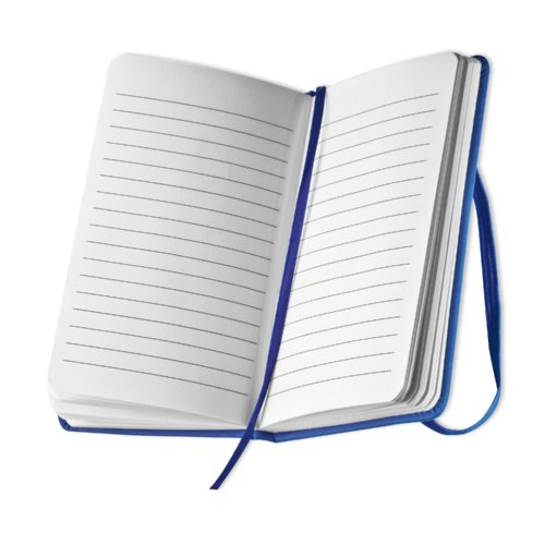 Blaues Notizbuch mit Gummiband und Leseband.
