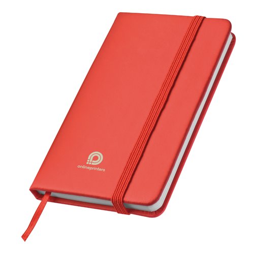 Rotes Notizbuch mit Gummibandverschluss und Leseband.