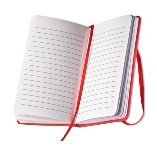 Rotes Notizbuch mit linierten Seiten und Leseband.
