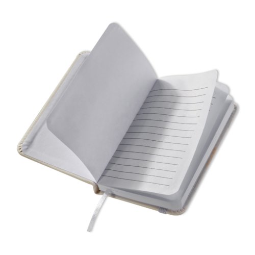 Weies Notizbuch mit Hardcover und Lesezeichen.