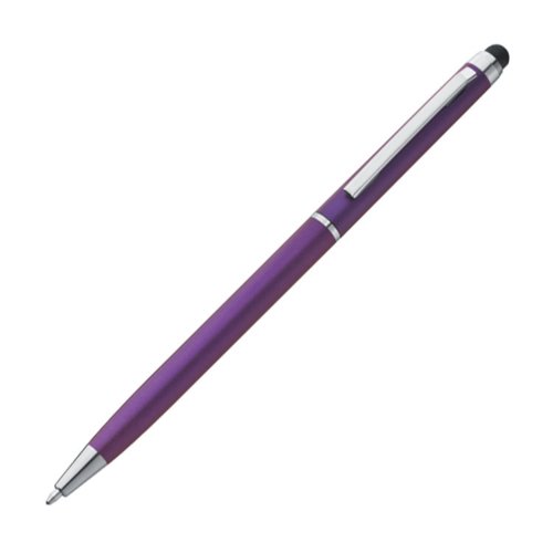 Violetter Kugelschreiber aus Metall mit Touchfunktion und Clip.
