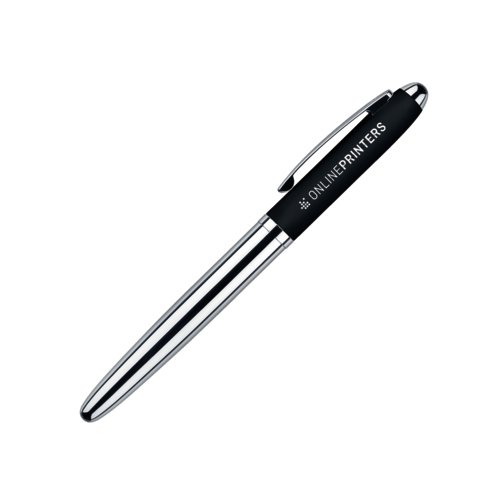 Schwarzer Rollerball Stift aus Kunststoff mit Metallelementen und weicher Oberfl�che.