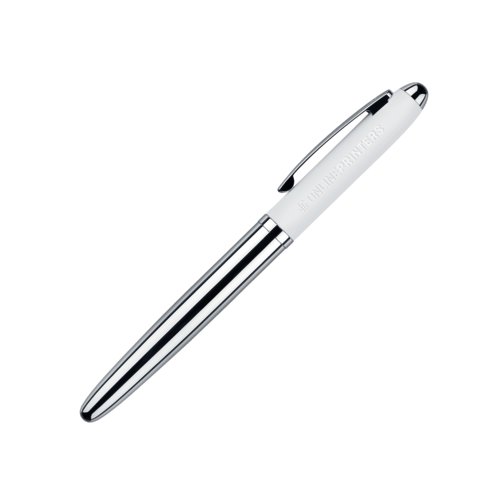 Wei�er Rollerball Stift mit Metallelementen und weicher Oberfl�che.
