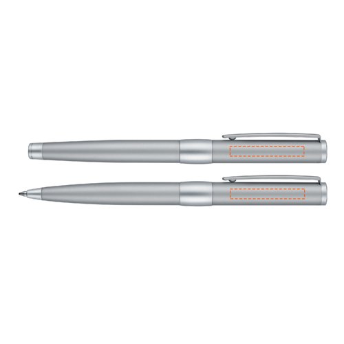 Chromfarbenes Schreibgerte-Set aus Metall, bestehend aus Kugelschreiber und Rollerball, mit Etui.