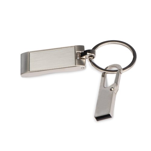 Grauer Metall-USB-Stick mit Karabinerhaken und Schlsselring.