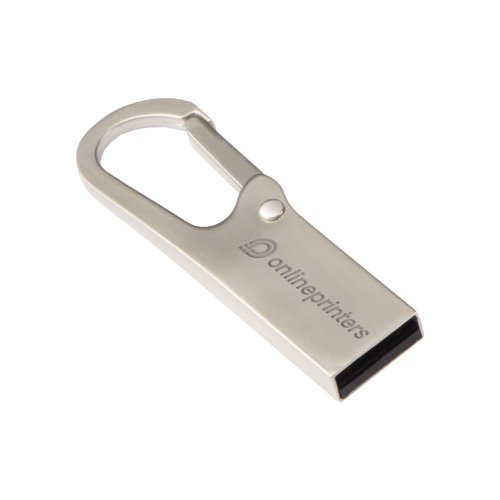 Silberner Metall-USB-Stick mit Karabinerhaken.