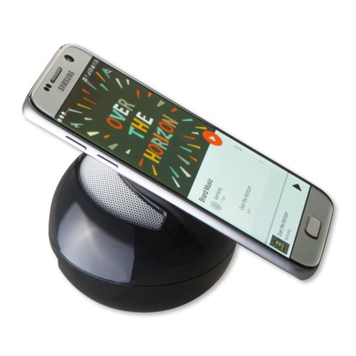 Schwarzer Bluetooth-Lautsprecher in runder Form.