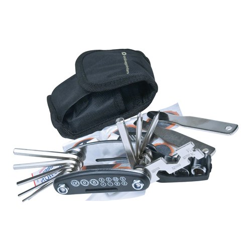 Schwarzes Fahrradreparaturset mit Werkzeugen und Tasche.