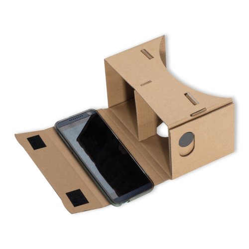 Braune VR-Brille aus Pappe mit Klettverschluss.