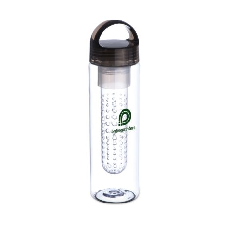 Transparente Trinkflasche mit dunklem Deckel und herausnehmbarem Sieb.