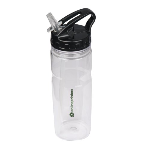 Transparente Trinkflasche aus Kunststoff mit Strohhalm und schwarzem Deckel.