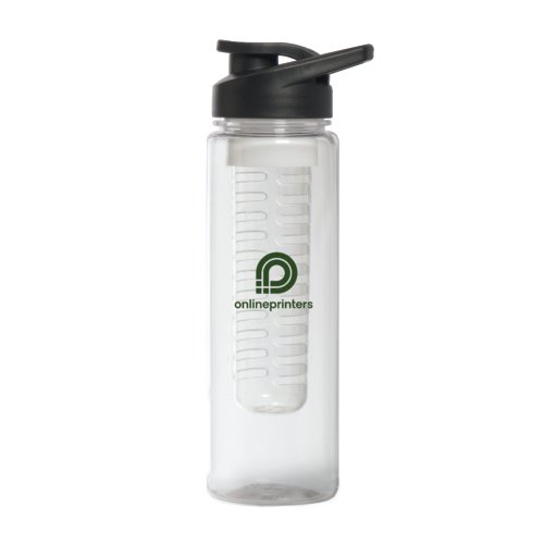 Transparente Trinkflasche aus Kunststoff mit schwarzem Deckel und Fruchteinsatz.