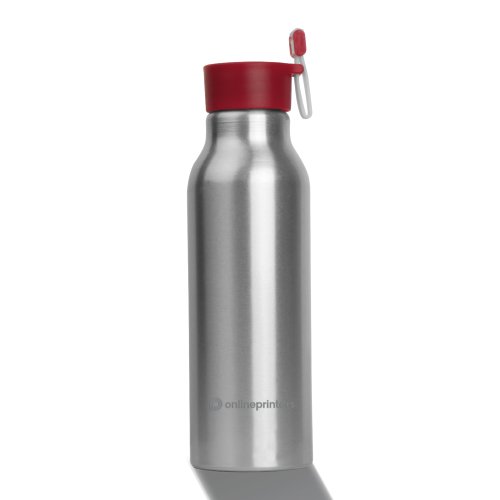 Rote Aluminium-Trinkflasche mit Schraubverschluss und Befestigungsschlaufe.