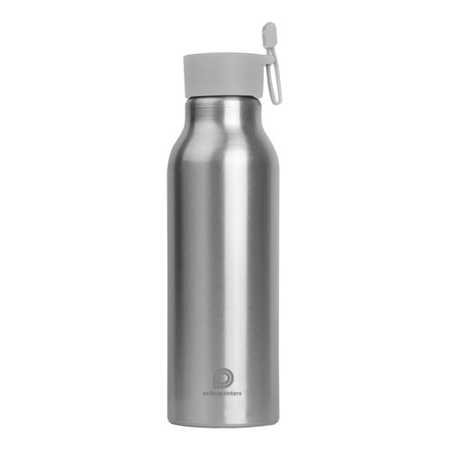 Graue Aluminium-Trinkflasche mit Schraubverschluss und Trageschlaufe.