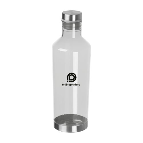 Transparente Tritan-Trinkflasche mit silberfarbenem Deckel.