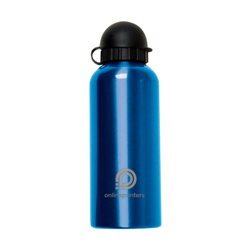 Blaue Metall-Trinkflasche mit schwarzem Deckel.