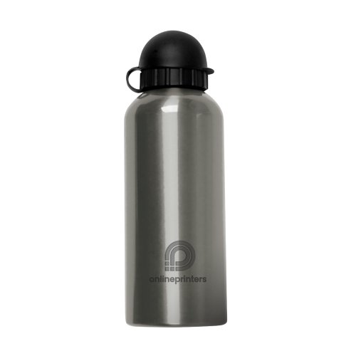 Silberne Metall-Trinkflasche mit schwarzem Schraubverschluss.