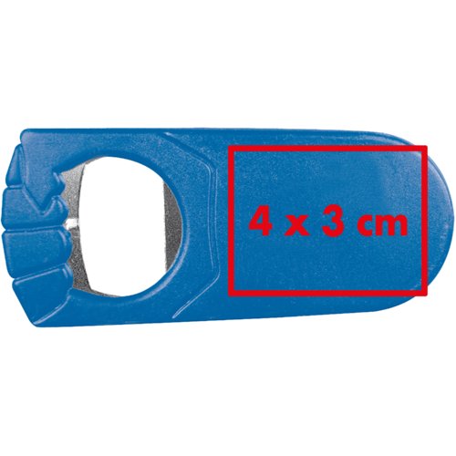 Blauer Flaschenffner aus Kunststoff mit Metalleinsatz.