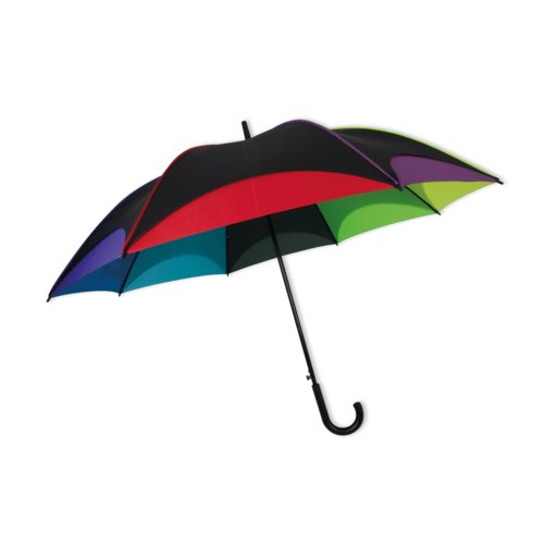 Mehrfarbiger Automatik-Regenschirm mit gebogenem Griff.