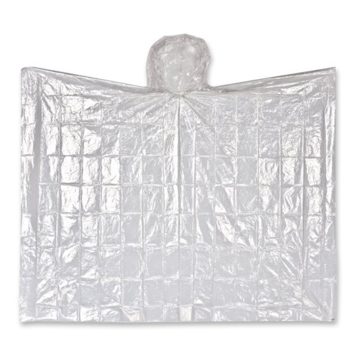 Transparenter Poncho aus Kunststoff mit Kapuze.