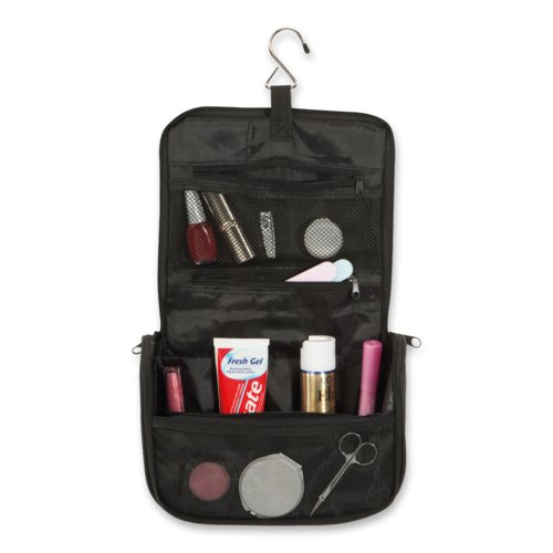 Schwarze Kulturtasche mit Haken zum Aufhngen und mehreren Fchern.
