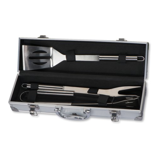 Grauer Grillkoffer aus Metall mit ovaler Form.