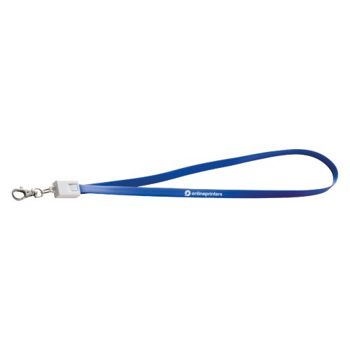Blaues Polyester-Lanyard mit Universal-Ladekabel und Karabinerhaken.